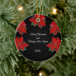 Elegant Christmas Poinsettia Pattern  Ceramic Ornament