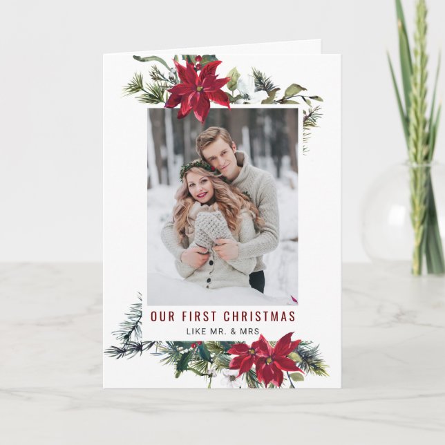 Elegant Christmas Poinsettia Photo Greeting Holiday Card (Front)