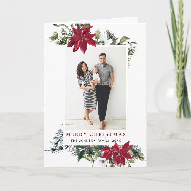 Elegant Christmas Poinsettia Photo Greeting Holiday Card (Front)