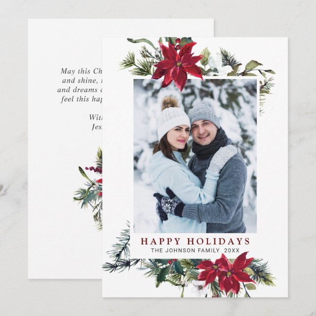 Elegant Christmas Poinsettia Photo Holiday Card (Front/Back)