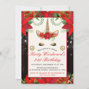 Elegant Christmas Poinsettia Unicorn Birthday Part Invitation
