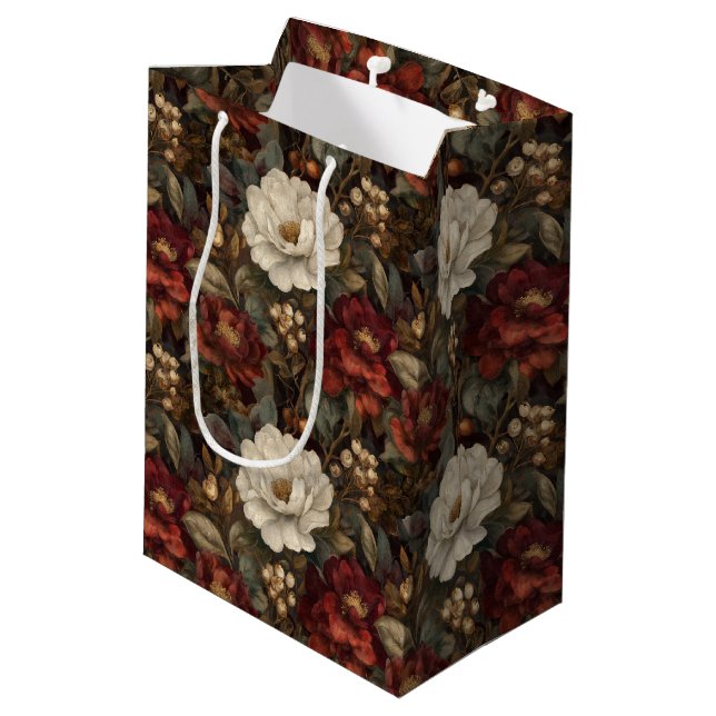 Elegant Christmas Red and Winter White Floral Medium Gift Bag (Back Angled)