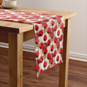 Elegant Christmas Red Bauble & Poinsettia Pattern Short Table Runner