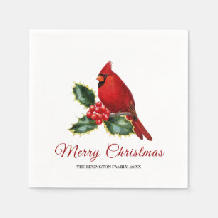 Elegant Christmas Red Cardinal Bird Holly Napkin
