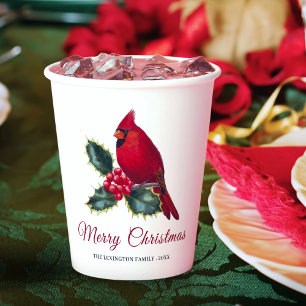 Elegant Christmas Red Cardinal Bird Holly Paper Cups