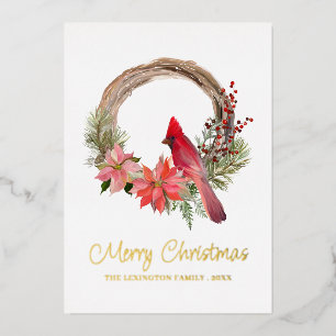 Elegant Christmas Red Cardinal Bird Monogram Foil Holiday Card