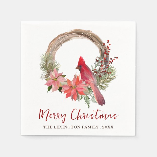 Elegant Christmas Red Cardinal Bird Monogram Napkin (Front)