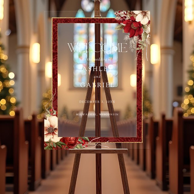 Elegant Christmas Red Damask Floral Acrylic Sign (Creator Uploaded)