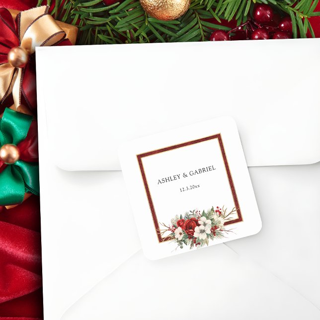 Elegant Christmas Red Damask Floral Square Sticker (Creator Uploaded)