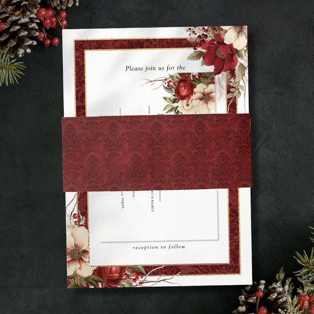 Elegant Christmas Red Damask Invitation Belly Band (Creator Uploaded)