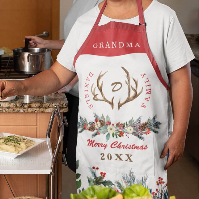 Elegant Christmas red floral family name monogram  Apron (Creator Uploaded)