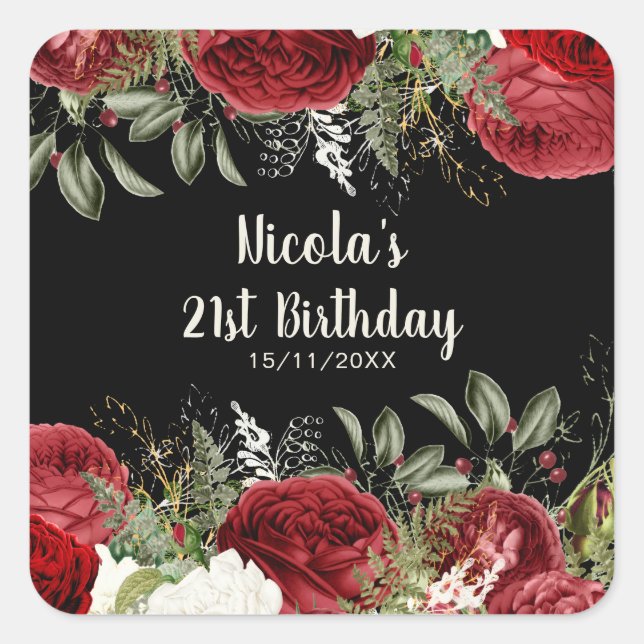 Elegant Christmas Red Flowers Birthday Party Square Sticker (Front)