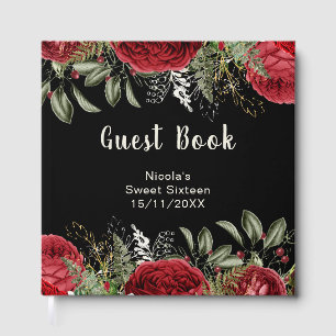 Elegant Christmas Red Flowers Sweet Sixteen Guest Book