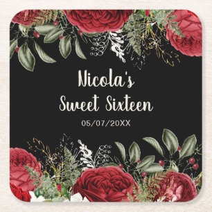 Elegant Christmas Red Flowers Sweet Sixteen Square Paper Coaster