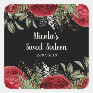 Elegant Christmas Red Flowers Sweet Sixteen Square Sticker