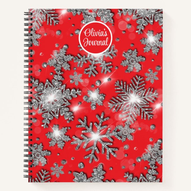 Elegant Christmas red white silver snowflakes Notebook (Front)