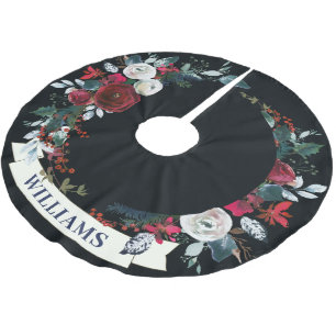 Elegant Christmas Red Winter Rose Wreath Pattern Brushed Polyester Tree Skirt