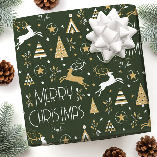 Elegant Christmas Reindeer Editable Dark Green Wrapping Paper