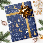 Elegant Christmas Reindeer Editable Name Blue Gold Wrapping Paper<br><div class="desc">Make your Christmas gifts extra special with this elegant Art Deco style wrapping paper, personalized with the recipient's name, family name or year. This seamless pattern features leaping reindeer, festive trees and stars in a colour palette of dark midnight blue, white and a gold coloured texture. Custom gift wrap is...</div>