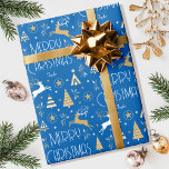 Elegant Christmas Reindeer Editable Name Blue Gold Wrapping Paper<br><div class="desc">Make your Christmas gifts extra special with this elegant Art Deco style wrapping paper, personalized with the recipient's name, family name or year. This seamless pattern features leaping reindeer, festive trees and stars in a colour palette of blue, white and a gold coloured texture. Custom gift wrap is a great...</div>