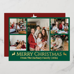 Elegant Christmas Reindeer Family Photo Collage Foil Holiday Card
