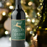 Elegant Christmas Reindeer Festive Forest Green Wine Label<br><div class="desc">Create your own Art Deco style wine label for Christmas. An elegant template featuring a leaping reindeer, stars and decorative leaves. This editable template can be personalized with both your name and celebration year. Perfect for holiday gifts, party favours and more! Colours: deep forest green, white and a gold coloured...</div>