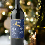 Elegant Christmas Reindeer Festive Midnight Blue Wine Label<br><div class="desc">Create your own Art Deco style wine label for Christmas. An elegant template featuring a leaping reindeer, stars and decorative leaves. This editable template can be personalized with both your name and celebration year. Perfect for holiday gifts, party favours and more! Colours: deep midnight blue, white and a gold coloured...</div>