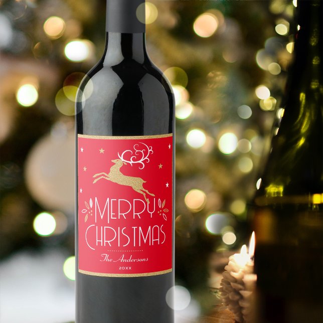 Elegant Christmas Reindeer Festive Red Gold Wine Label (Creator Uploaded)
