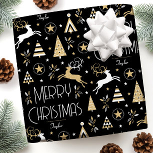 Elegant Christmas Reindeer Name Black Gold Wrapping Paper