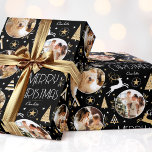 Elegant Christmas Reindeer Photo Collage Black Wrapping Paper<br><div class="desc">Make your Christmas gifts extra special with this elegant Art Deco style wrapping paper. You can personalize it with a name and three photos of your family, friends or pets. This seamless pattern features leaping reindeer, festive trees and stars in a colour palette of black, white and a gold coloured...</div>