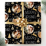 Elegant Christmas Reindeer Photo Collage Black Wrapping Paper<br><div class="desc">Make your holiday gifts extra special with custom photo wrapping paper. This elegant design features vintage-style illustrations inspired by the opulence of the Art Deco era. It includes leaping reindeer, festive Christmas trees and stars, paired with stylish retro typography. Personalize the template with three favourite photos, and the recipient's name,...</div>