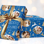 Elegant Christmas Reindeer Photo Collage Blue Gold Wrapping Paper<br><div class="desc">Make your Christmas gifts extra special with this elegant Art Deco style wrapping paper. You can personalize it with a name and three photos of your family, friends or pets. This seamless pattern features leaping reindeer, festive trees and stars in a colour palette of blue, white and a gold coloured...</div>
