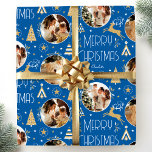 Elegant Christmas Reindeer Photo Collage Blue Gold Wrapping Paper<br><div class="desc">Make your holiday gifts extra special with custom photo wrapping paper. This elegant design features vintage-style illustrations inspired by the opulence of the Art Deco era. It includes leaping reindeer, festive Christmas trees and stars, paired with stylish retro typography. Personalize the template with three favourite photos, and the recipient's name,...</div>