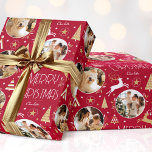 Elegant Christmas Reindeer Photo Collage Deep Red Wrapping Paper<br><div class="desc">Make your Christmas gifts extra special with this elegant Art Deco style wrapping paper. You can personalize it with a name and three photos of your family, friends or pets. This seamless pattern features leaping reindeer, festive trees and stars in a colour palette of deep red, white and a gold...</div>