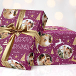 Elegant Christmas Reindeer Photo Collage Plum Gold Wrapping Paper<br><div class="desc">Make your Christmas gifts extra special with this elegant Art Deco style wrapping paper. You can personalize it with a name and three photos of your family, friends or pets. This seamless pattern features leaping reindeer, festive trees and stars in a colour palette of purple-pink plum, white and a gold...</div>