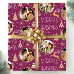 Elegant Christmas Reindeer Photo Collage Plum Gold Wrapping Paper<br><div class="desc">Make your holiday gifts extra special with custom photo wrapping paper. This elegant design features vintage-style illustrations inspired by the opulence of the Art Deco era. It includes leaping reindeer, festive Christmas trees and stars, paired with stylish retro typography. Personalize the template with three favourite photos, and the recipient's name,...</div>