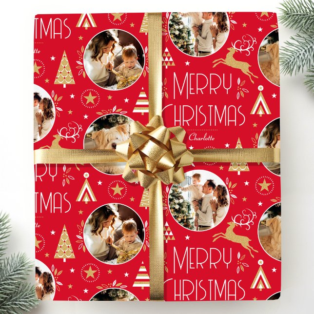 Elegant Christmas Reindeer Photo Collage Red Gold Wrapping Paper (Creator Uploaded)