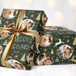 Elegant Christmas Reindeer Photo Dark Green Wrapping Paper<br><div class="desc">Make your Christmas gifts extra special with this elegant Art Deco style wrapping paper. You can personalize it with a name and three photos of your family, friends or pets. This seamless pattern features leaping reindeer, festive trees and stars in a colour palette of very dark green, white and a...</div>