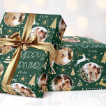 Elegant Christmas Reindeer Photo Green Gold Wrapping Paper<br><div class="desc">Make your Christmas gifts extra special with this elegant Art Deco style wrapping paper. You can personalize it with a name and three photos of your family, friends or pets! This seamless pattern features leaping reindeer, festive trees and stars in a colour palette of green, white and faux gold. Custom...</div>