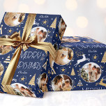 Elegant Christmas Reindeer Photo Midnight Blue Wrapping Paper<br><div class="desc">Make your Christmas gifts extra special with this elegant Art Deco style wrapping paper. You can personalize it with a name and three photos of your family, friends or pets. This seamless pattern features leaping reindeer, festive trees and stars in a colour palette of dark midnight blue, white and a...</div>