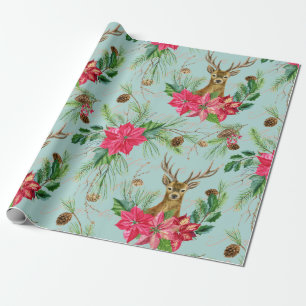 Elegant Christmas Reindeer Poinsettia Pattern Wrap Wrapping Paper
