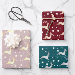 Elegant Christmas Reindeer Snowflake Pattern Wrapping Paper Sheet