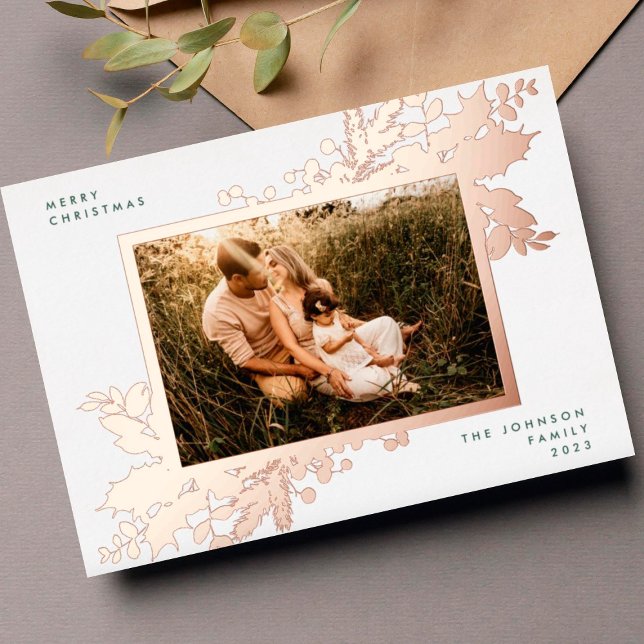  Elegant Christmas Rose Gold Botanical Photo Frame Foil Holiday Card (Creator Uploaded)