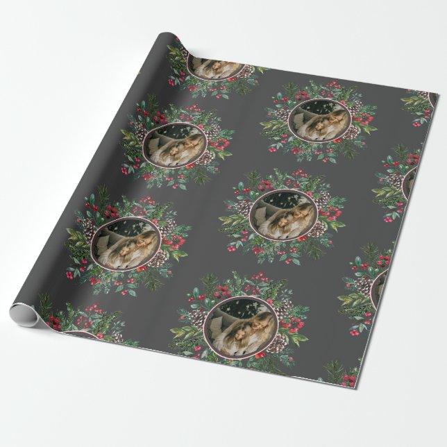 Elegant Christmas Round Frame with Photo Grey Wrapping Paper (Unrolled)