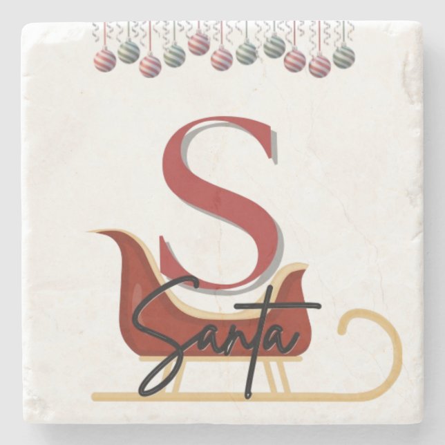 Elegant Christmas Santa Sleigh Marble Coaster (Front)
