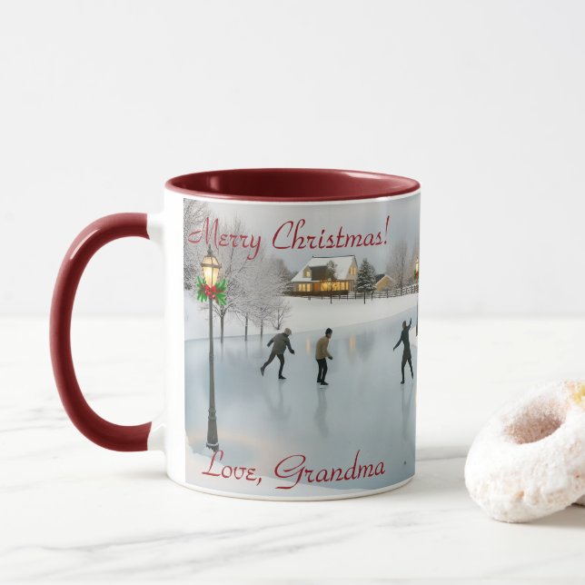 Elegant Christmas scene featuring ice skaters Mug (With Donut)