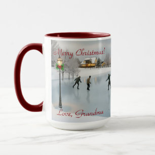 Elegant Christmas scene featuring ice skaters Mug