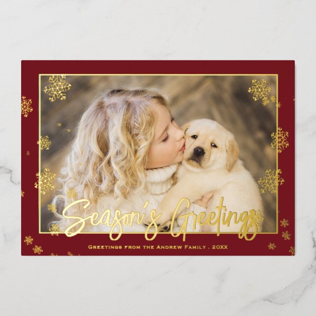 Elegant Christmas Script Season's Greetings Photo Foil Holiday Card (Front)