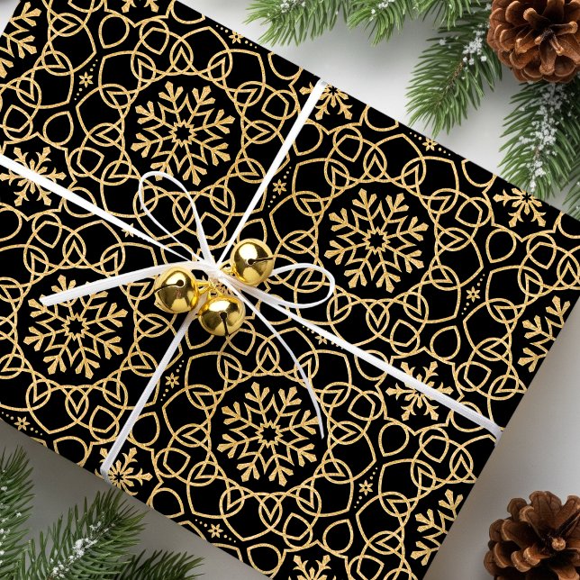 Elegant Christmas Snowflake Faux Gold Black Wrapping Paper (Creator Uploaded)