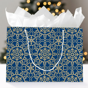 Elegant Christmas Snowflake Faux Gold Navy Large Gift Bag